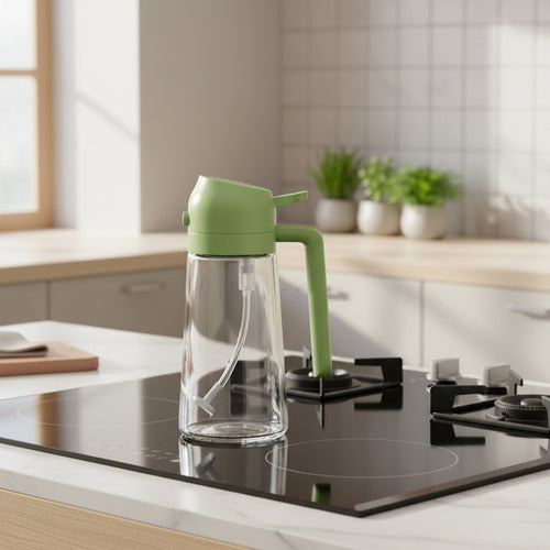 Green 2-in-1 glass oil dispenser and mister beside a cooktop in a modern kitchen