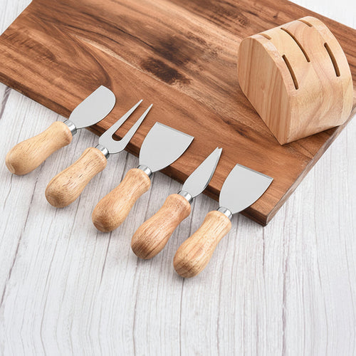 Five-piece stainless steel cheese knife set with rubberwood handles and wooden holder