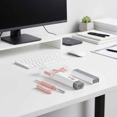 Portable electronics cleaning kit with brush and detailing tools displayed beside a computer keyboard
