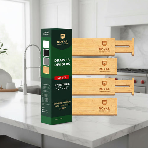 Set of four adjustable bamboo drawer dividers displayed with product packaging