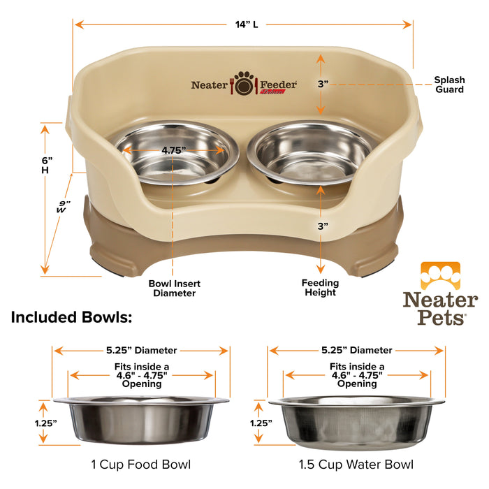 A chart showing the dimensions of the Deluxe Cappuccino Cat Neater Feeder as well as the stainless steel bowls against a white background.