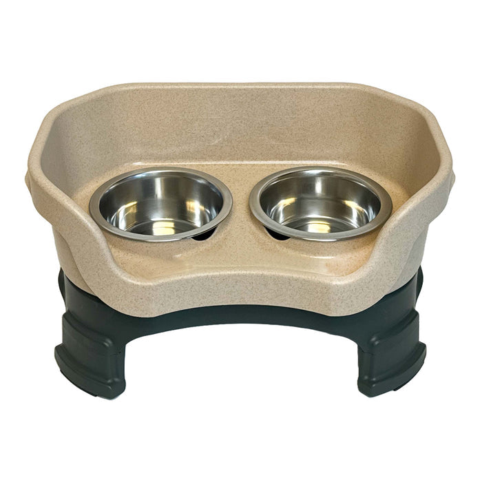 Top View Neater Feeder with Leg Extensions Small Size in Hunter Green and Stone with two stainless steel bowls against a white background.