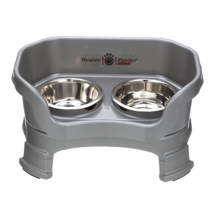 Deluxe Small Neater Feeder with leg extensions in Gunmetal Grey with two stainless steel bowls against a white background.