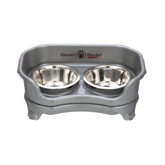 Neater Feeder Express Small Gunmetal with two stainless steel bowls against a white background.