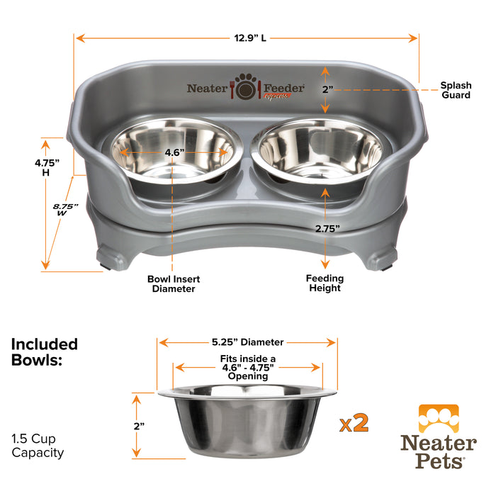 A chart showing the dimensions of the Neater Feeder Express small as well as the stainless steel bowls against a white background.