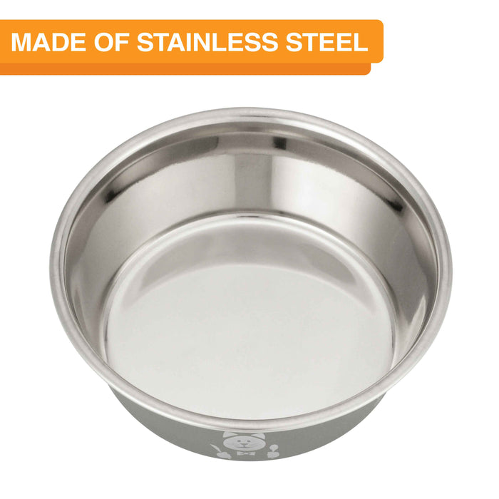 Hungry cat bowl stainless steel top view on white background.