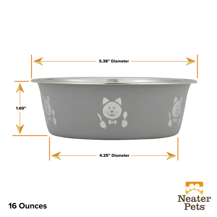 Hungry cat bowl 16oz size side view with dimensions on white background.