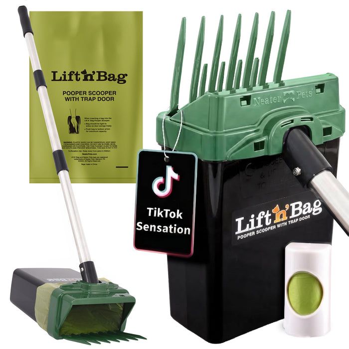 Lift'n'Bag pooper scooper with trap door and TikTok Sensation tag on a white background