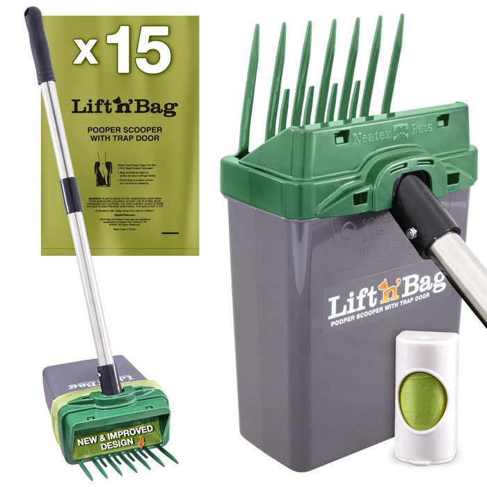Lift N' Bag pooper scooper pole version and bags. On the left side shows the full height of the pole. On the right is a close-up of the bin.