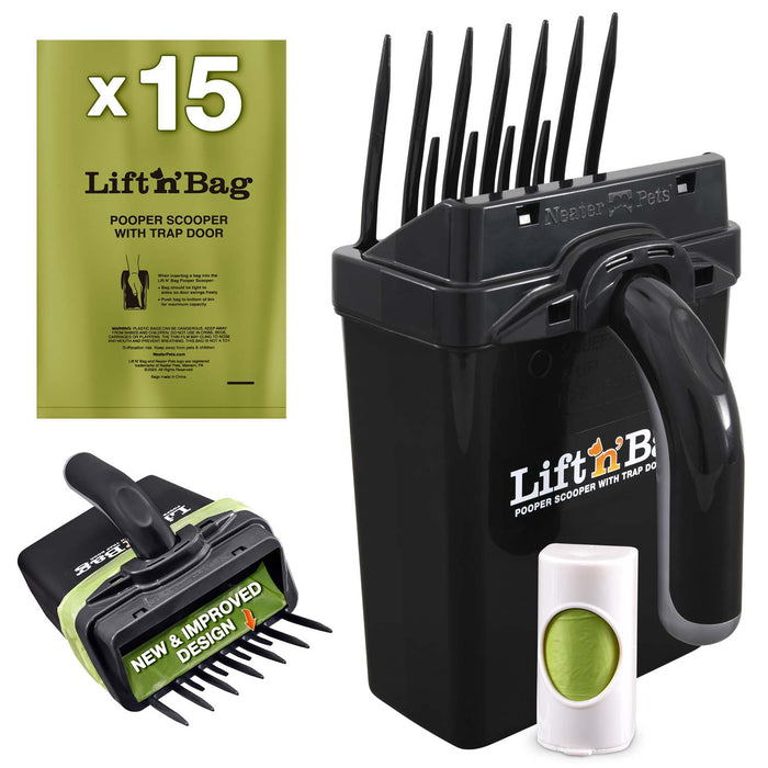 Pet waste management kit with 'Lift 'n Bag' pooper scooper and bags on a white background