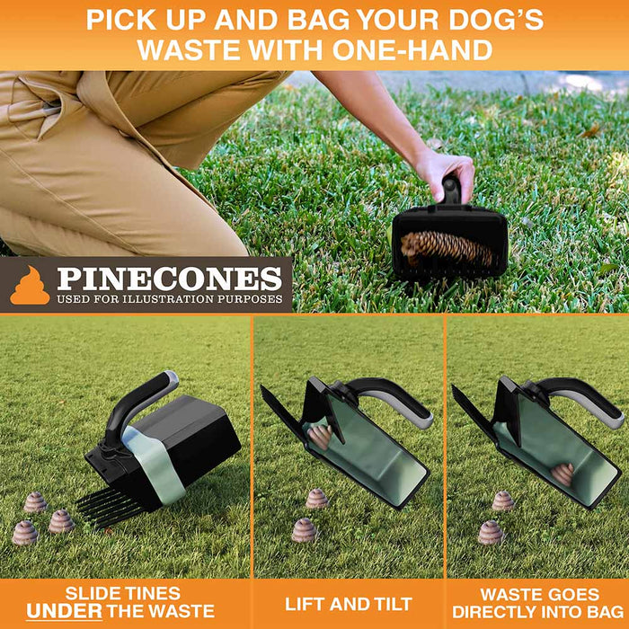 A collection of images showing how to properly use the Lift N' Bag. Slide tines under the waste, lift and tilt, waste goes directly into the bag.