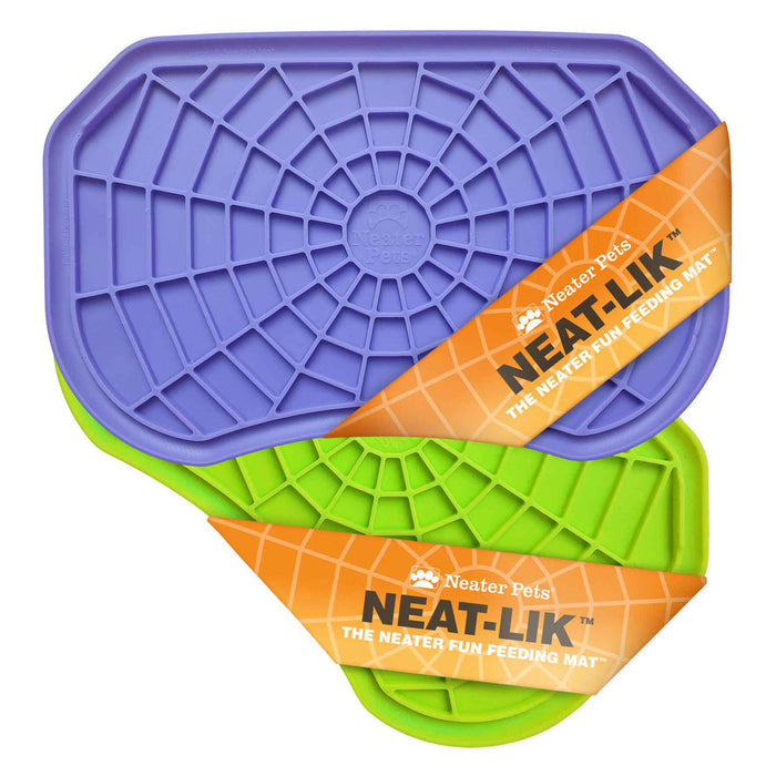 The purple Neat-Lik Mat with the green one behind it against a white background.