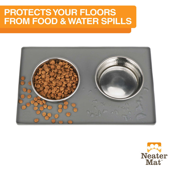 Bowls sitting on the The Neater Mat showing how it contains food and water  spills protecting your floors.  On a white background.