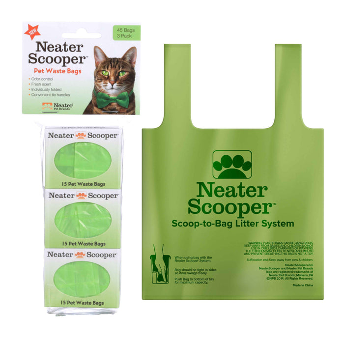 Neater Scooper Refill Bags in a package of three (45 bag count) on the left. On the right is a flat image of the bag when opened.