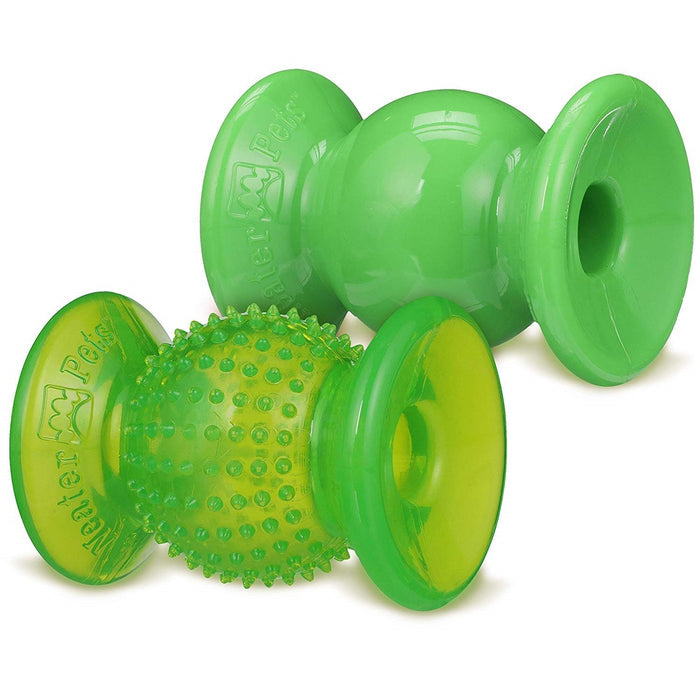 Bumpy Clear Green Rolly Cannoli and Classic Solid Green Rolly Cannoli on a white background.
