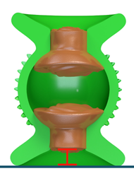 Illustrated Bumpy Solid Green Rolly Cannoli with peanut butter in both openings showing recessed design.