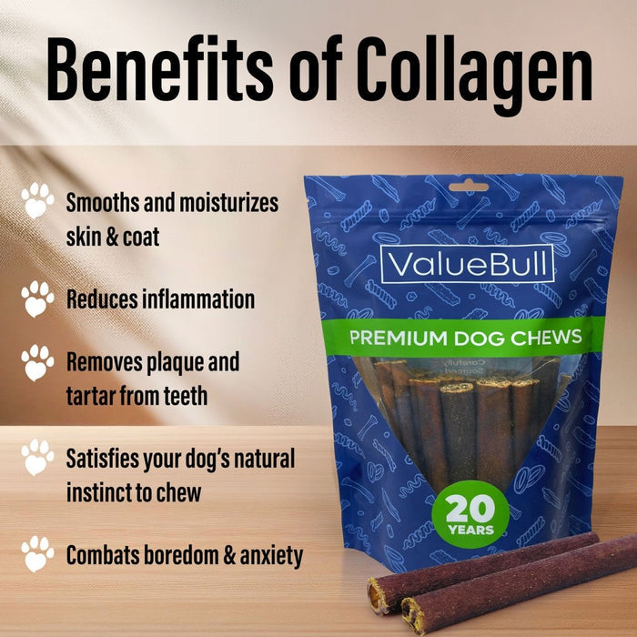 ValueBull Beef Collagen Sticks for Small Dogs, 6 Inch Thin Chews, 50 Count - Thin - 50 Sticks