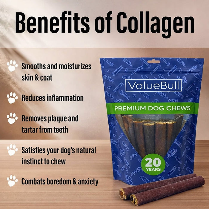 ValueBull Buffalo Collagen Sticks for Dogs, 6 Inch Thick Chews, 200 Count Bulk Pack - Thick - 200 Sticks