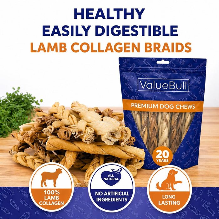 ValueBull Lamb Collagen Braids for Dogs, Varied Sizes & Shapes, 200 Count Bulk Pack - Lamb - 200 Braids