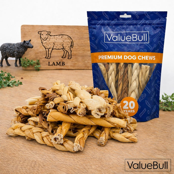 ValueBull Lamb Collagen Braids for Dogs, Varied Sizes & Shapes, 200 Count Bulk Pack - Lamb - 200 Braids