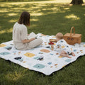 Women and baby sitting outside on a blanket with a wicker basket next to them.