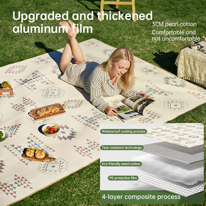 Large padded picnic blanket on grass showing waterproof layered construction with pearl cotton and protective film