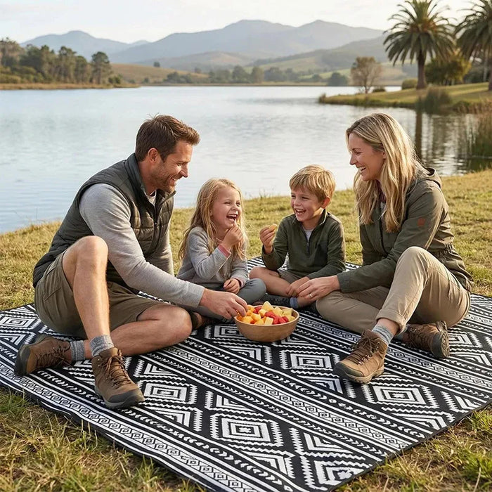 Family sitting together on a large black and white geometric picnic blanket beside a lake